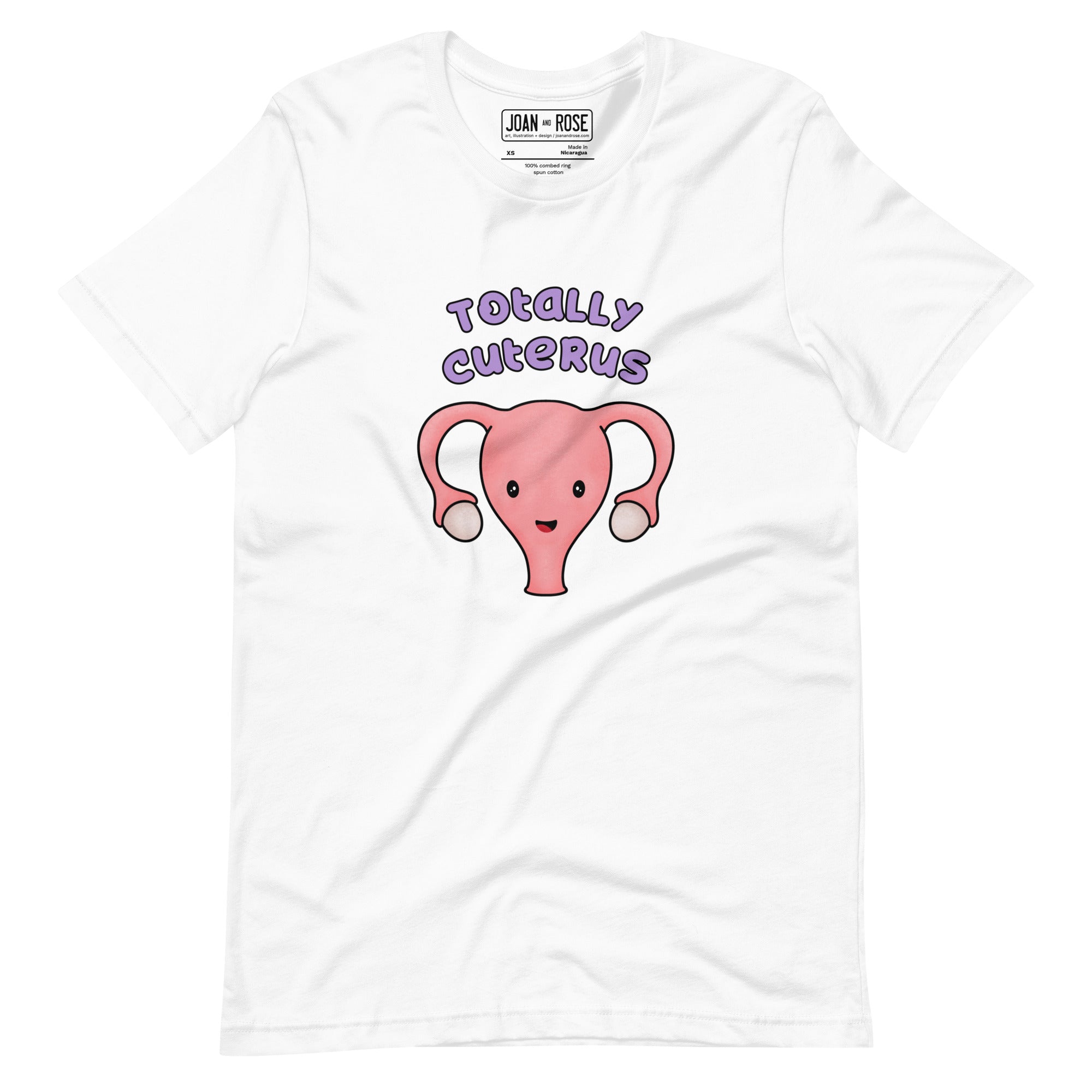 White coloured t-shirt with an illustration of a cute uterus character smiling with the text in purple 'Totally Cuterus'
